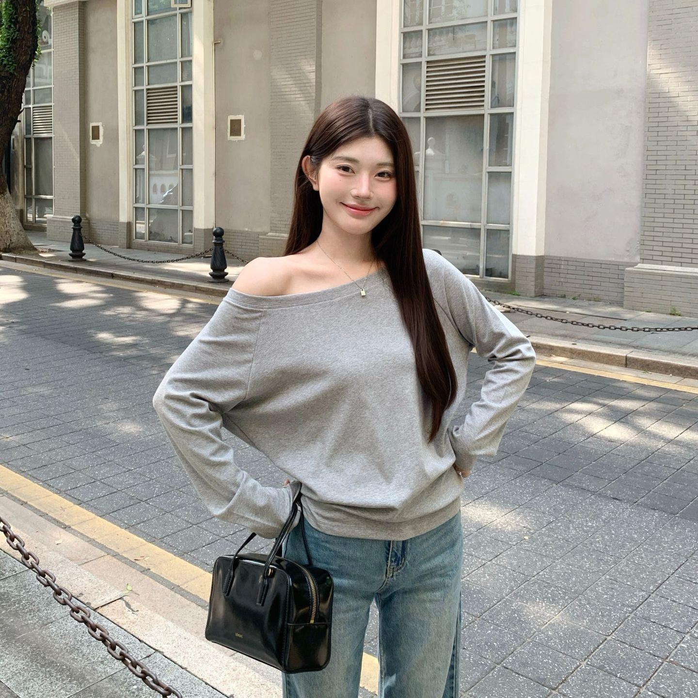 

Весенне-осенняя свободная футболка с открытыми плечами и длинным рукавом Женская однотонная повседневная майка Женская базовая футболка Корейский стиль Молодежные блузки XL серый