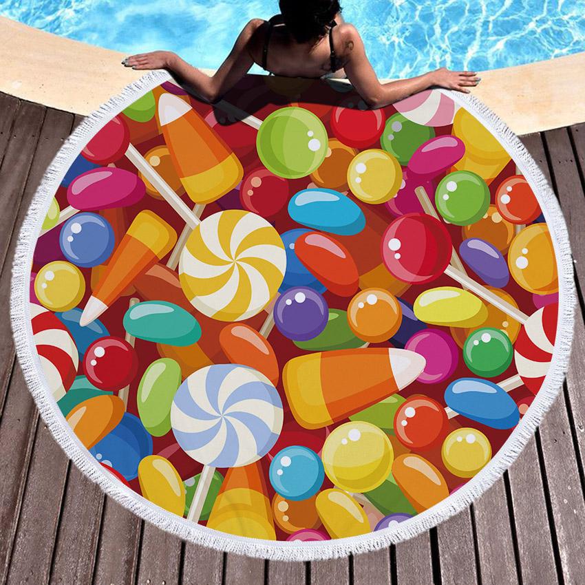 Macaron Donuts Cake Round Beach Towel Thick Shower Bath Towels Microfiber Summer Swim Circle Yoga Mat Blanket 150cm With Tassels
