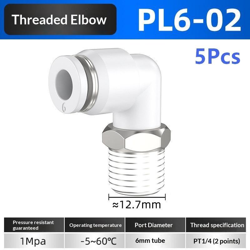 5Pcs 90 Degree Push Fit Copper Air Tube Connector White Industrial Pneumatic Pl6-01/Pl6-02/Pl8-02/Pl8-03/Pl10-03/Pl12-03
