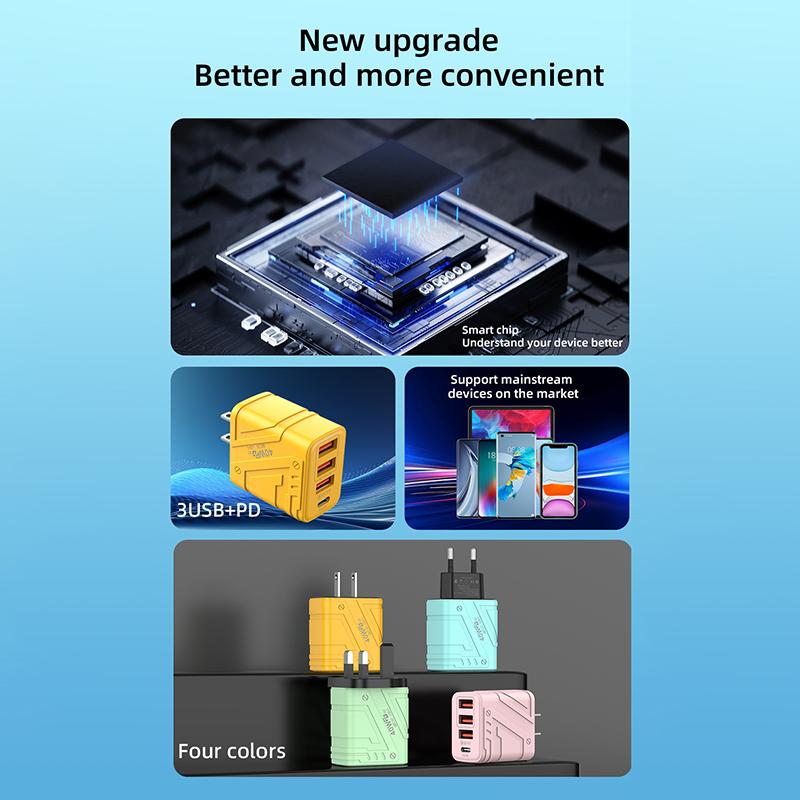 QGeeM 40W 3USB + Type C Phone Charger PD Quick Charging USB Type C Charger Adapter For Iphone Huawei Xiaomi