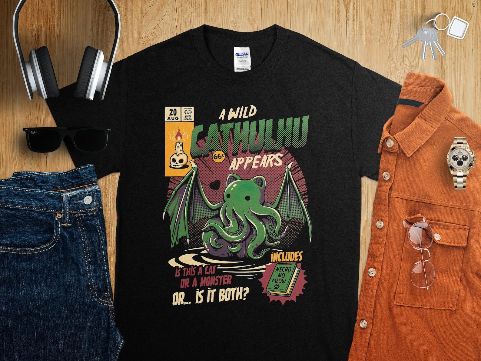 Cathulhu T-Shirt A Wild Cathulhu Appears A Cat Or Monster Funny Cat Cthulhu Unisex T-Shirt Lovecraft Teeshirt, Cult Monster Tee, Cute Gift L