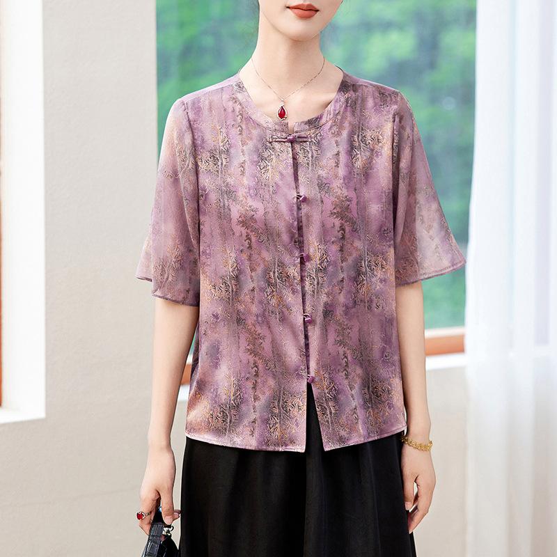 Silk Printed Shirt Women's Summer Silk Shirt Temperament Medium Sleeve Mulberry Silk Short Sleeve Top