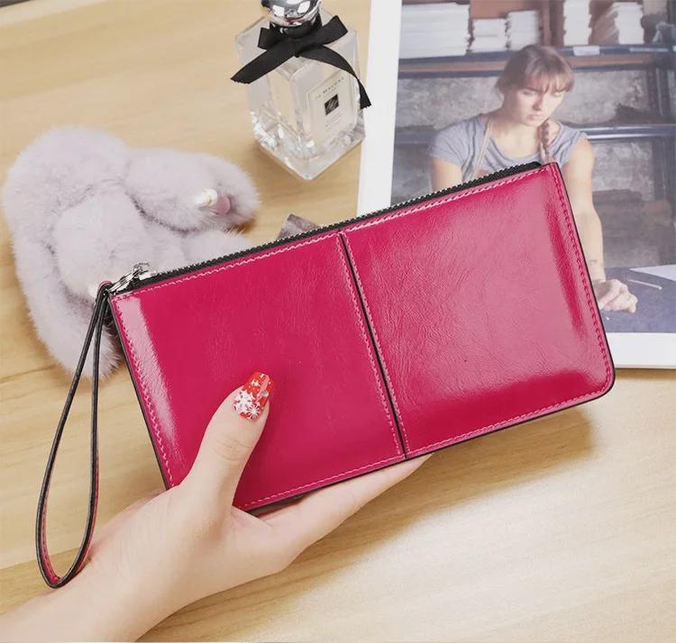 Lonny Women's Korean Style Wax Leather Long Wallet with Zipper and Buckle Large Capacity Clutch