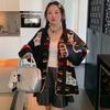 Dimanaf 2025 Flower Sweaters Cardigan Autumn Women Print O-Neck Sweaters Knitting Loose Black Sweater