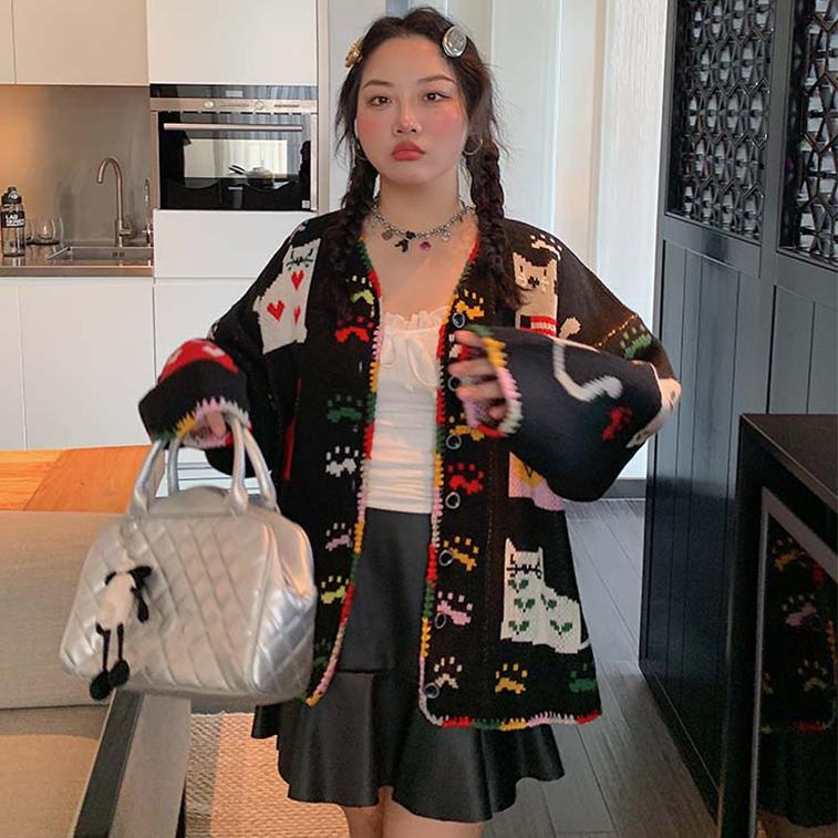 Dimanaf 2025 Flower Sweaters Cardigan Autumn Women Print O-Neck Sweaters Knitting Loose Black Sweater