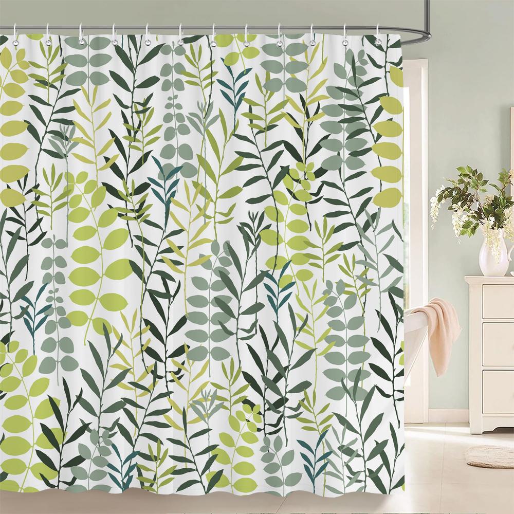 Green Leaf Plants And Flowers Shower Curtain Print Modern Nordic Minimalist Polyster Home Decor Bathroom Curtain With Hooks