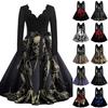 Women's Casual V-Neck Long Sleeve Vintage Print Dress for Halloween