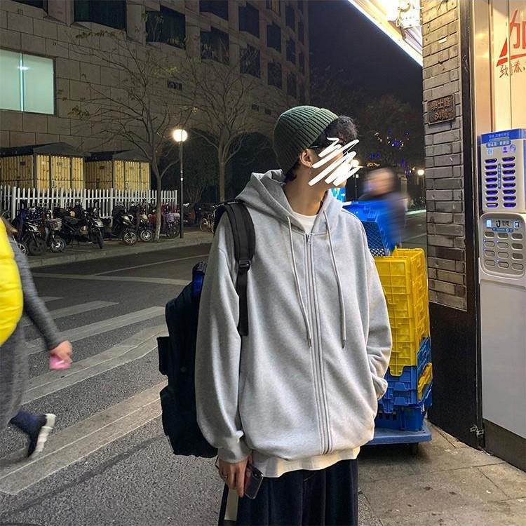 Men's Gray Hooded Sweatshirt - Lightweight, Solid Color, Long-Sleeve Cardigan Jacket for Spring & Autumn, Couple Style with Small Zipper.