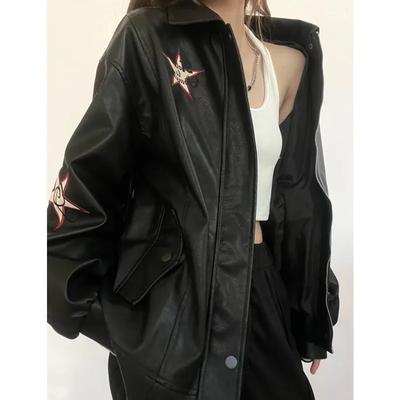 Women's Fall Embroidery Retro PU Leather Jacket Temperament Zipper Motorcycle Clothing