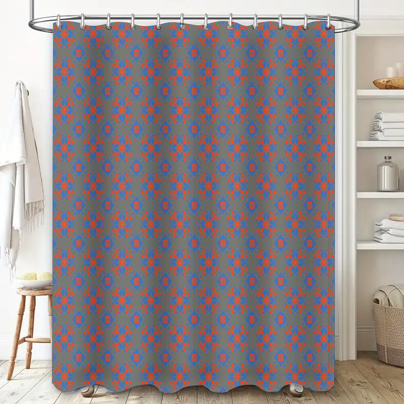 Dekorieren Sie Ihr Badezimmer mit diesem stilvollen Duschvorhang mit einem auffälligen rot-blauen Muster auf grauem Hintergrund.