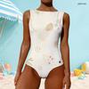 Women Plus Size High Round Neck Sleeveless Beige Printed One Piece Swimsuit