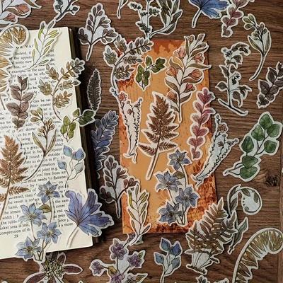 60 Stück Vintage Botanische Japanische Papiersticker, Gemischtes Blumen- & Glitzerdekor, Selbstklebend, Unregelmäßige Formen, für Scrapbooking, Basteln