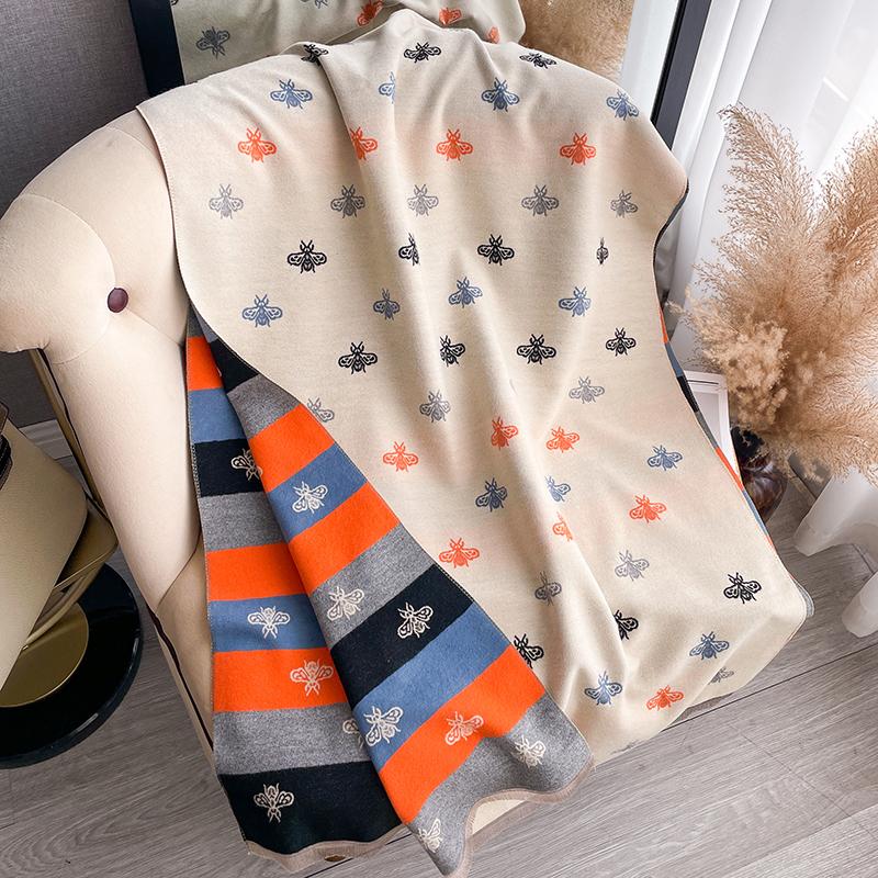 Nová módní včelí vzor Dámská žakárová pašmínová kašmírová šála Zimní tlustá hřejivá oboustranná přikrývka s kontrastní barvou