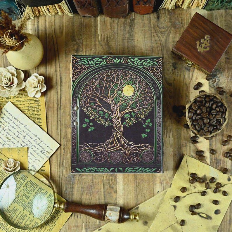 Tree of Life Grimoire Leather Journal for Women and Men Spell Notebook, book of shadows Handmade Deckle Edge Paper Diary With Lock