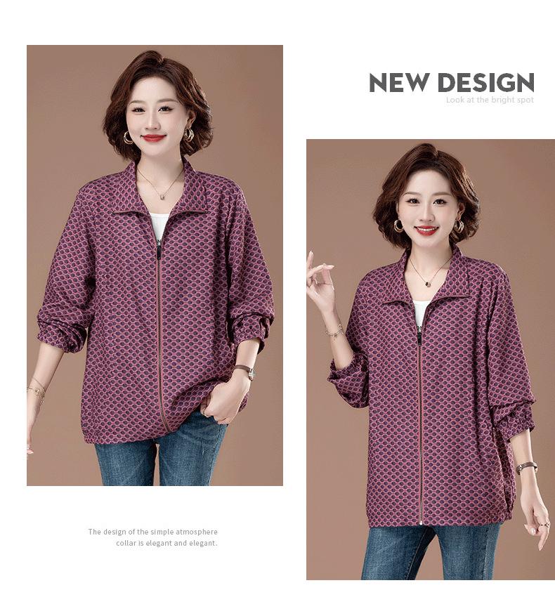 Polka Dot Stand Collar Plus Size Jacket for Women - Stylish Spring/Autumn Trench Coat for Middle-Aged Moms