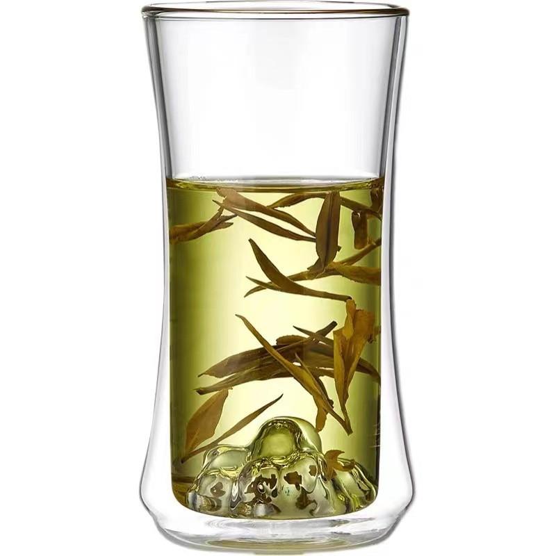Water cup transparent glass green tea cup household Guanshan tea cup coffee cup round creative flower teacup with handle 280ml