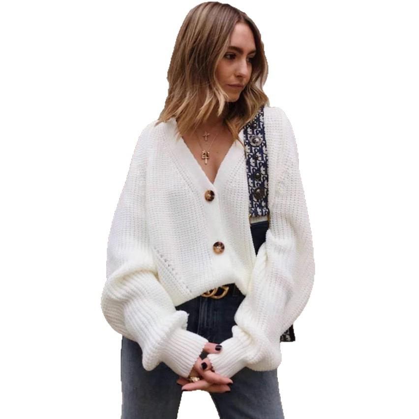 Women's Solid Color V-neck Button-down Sweater