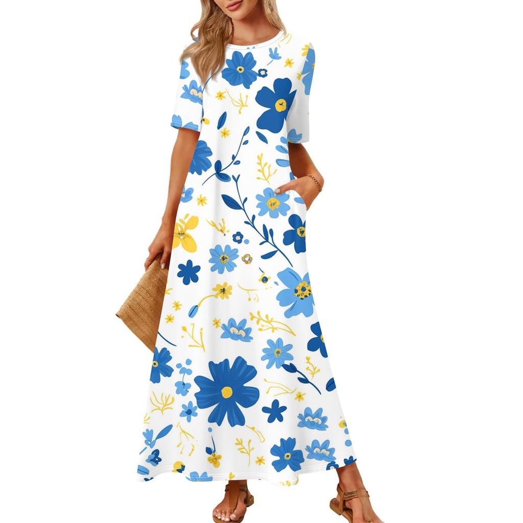 Dames Modieuze En Casual Lange Strandrok Ronde Hals Korte Mouwen Losse Retro Print Jurk