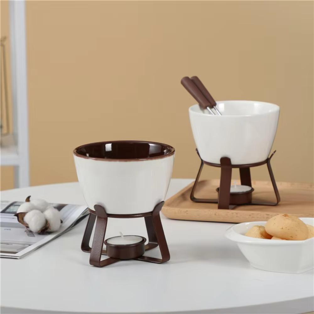 Ceramic Chocolate Cheese Fondue Cup with Fork Glazed Surface Tea Light Candle Butter Warmer Heat-resistant Mini