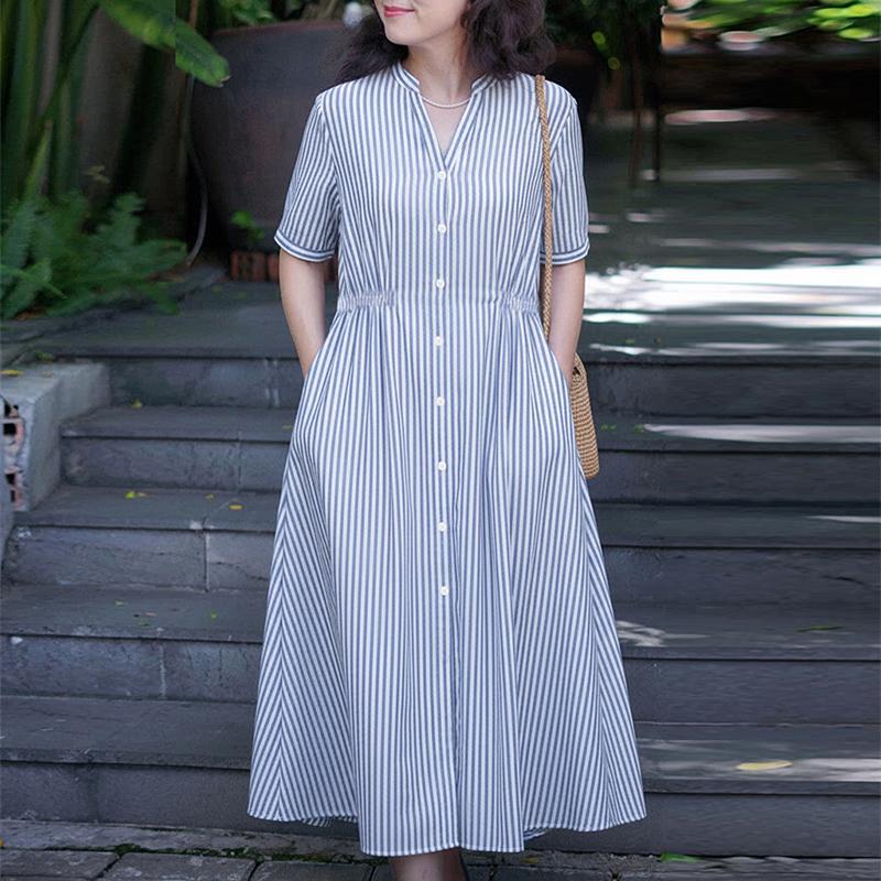 ZANZEA Women Casual V-Neck Short Sleeve Loose Stripe Dress