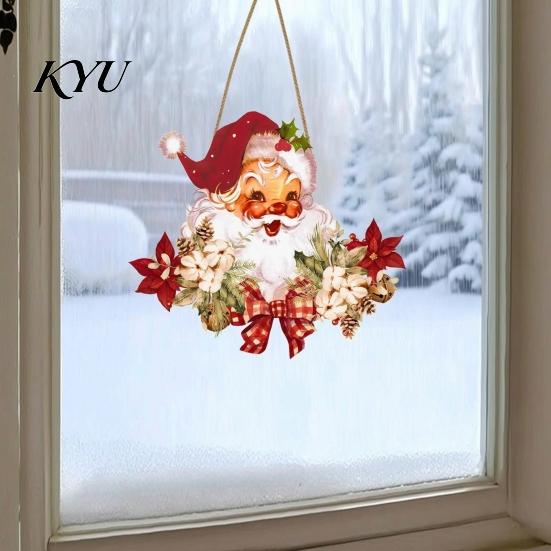 Festive Cafe Wall Decoration Wooden Santa Claus Hanging Pendant for Christmas, Rustic Floral Sign, Christmas Party Sign Tree Ornament with Hemp