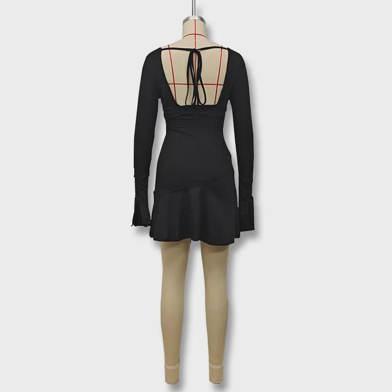 2024 European & American Deep V Long Sleeve Tie-Pleated Backless Dress