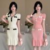 Celebrity Temperament Knitted Color Matching Dress Female Summer Slim and Thin Temperament V-neck Waist Ruffle Edge Skirt Skirt