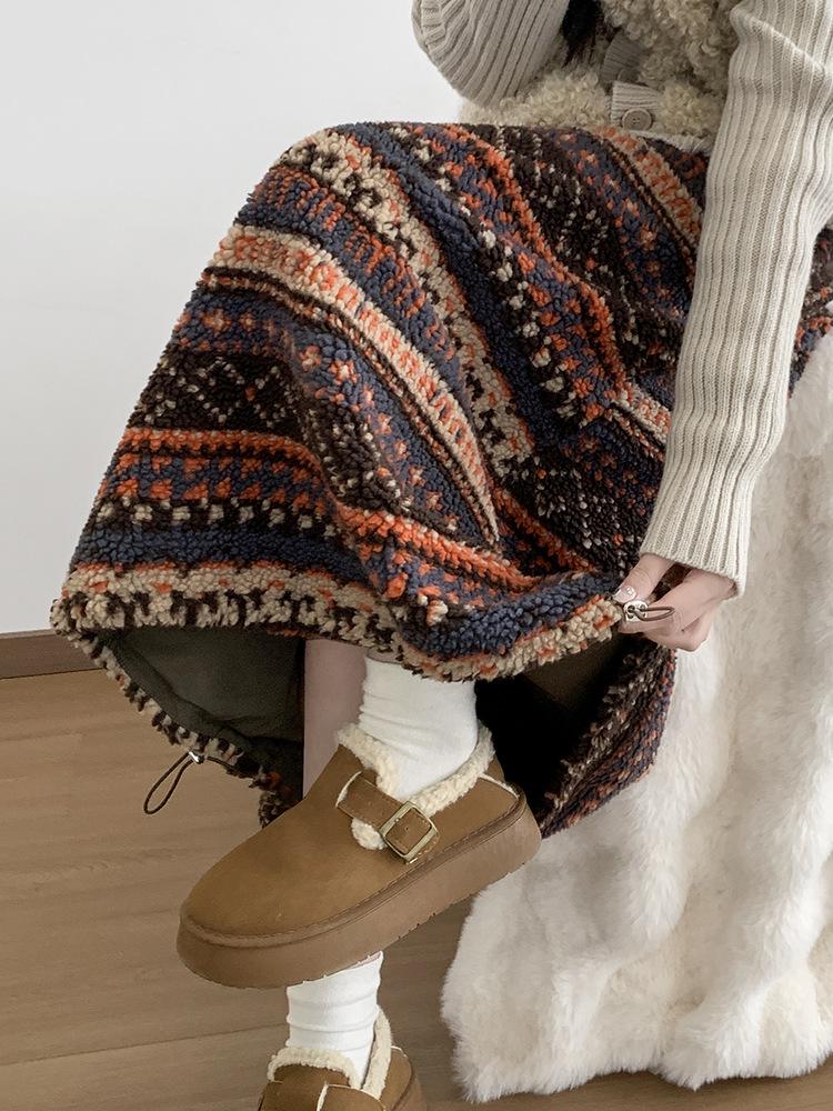 Fair Isle Fleece Two-Way High-Waisted Lantern Skirt for Women, Autumn/Winter Collection