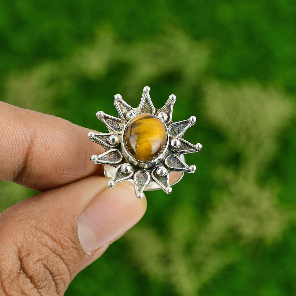 Natural Tigers Eye Multi Stone Promise Flower Ring Jewelry 925 Sterling Silver