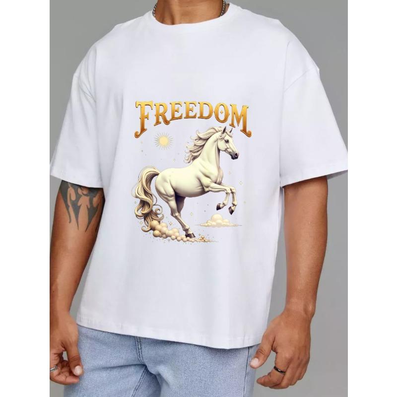 White T Shirt with Freedom Horse Print for Casual Wear