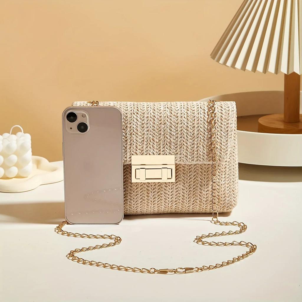 Stylish Handwoven Ladies Crossbody Bag Chain Strap Lock Buckle Adjustable Shoulder Strap Perfect