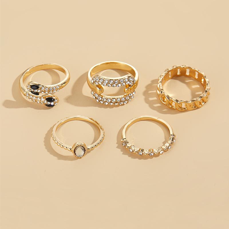 INS Style Alloy Rings, Cross-border Minimalist Light Luxury Snake Stackable Ring Set Diamond Inlaid Women Couple Rings