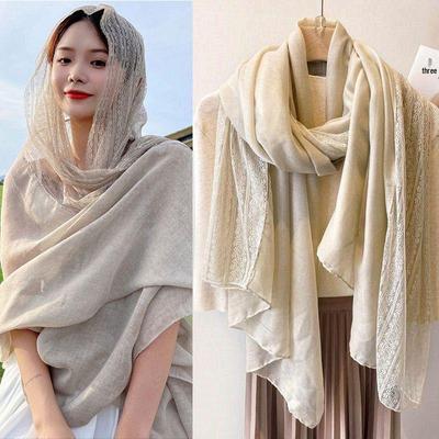 Flaxen Patchwork Lace Cotton Linen Scarf - Korean Style Spring/Autumn Women's Shawl & Neck Warmer