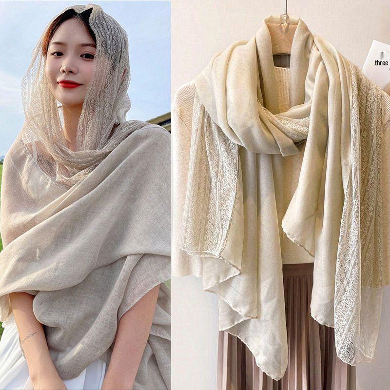 Korean Style Patchwork Lace Scarf - Women's Spring & Autumn Cotton Linen Shawl