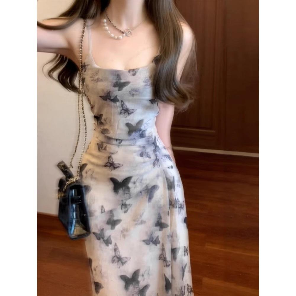 New Chinese Ink Butterfly Print Suspender Dress Summer Women's Vacation Style Slim Waist Hip Skirt Chiffon Dress