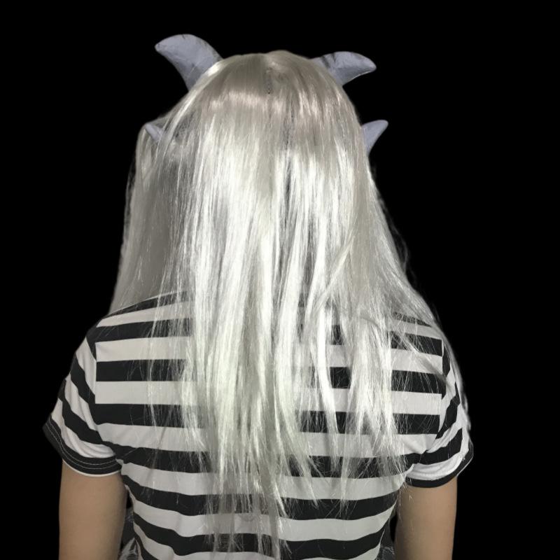 Silver-haired mask, Halloween horror ghost face costume prop, latex headgear, wig, masquerade, Silver Horned King