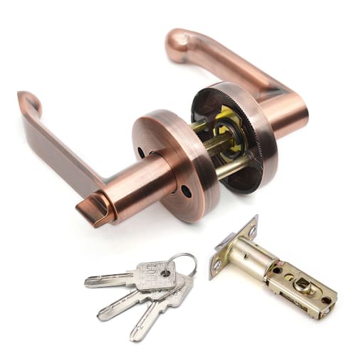 Solid Hardware Door Knob with Lock, for Indoor and Bathroom Use, Red Copper Lever Handle, Zinc Alloy Body, Three Keys, Suitable for Doors 30-50mm Thic