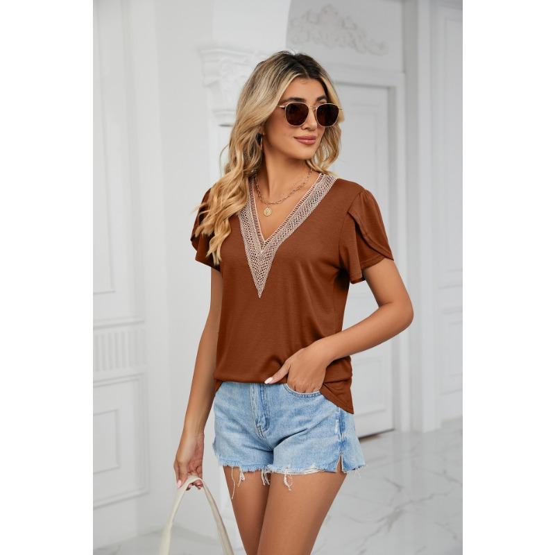 Spring Summer Gold Lace V-neck Tile Short Sleeved Solid Color T-shirt Top T-Shirts Women’s