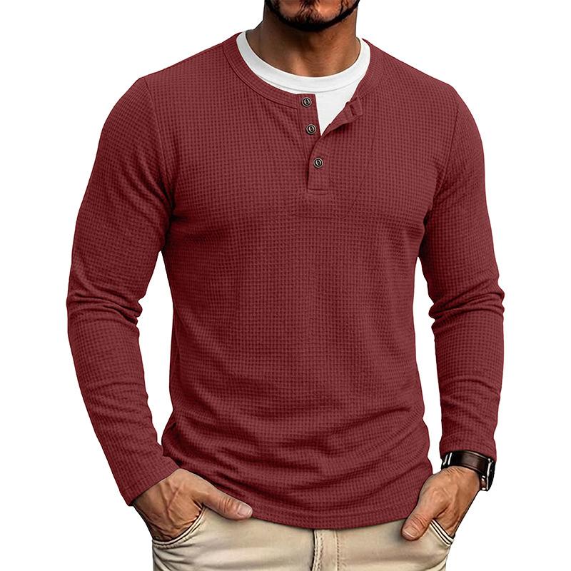 Herbst Winter Herren Fake Two-Piece Langarm Henley T-Shirt Waffel Casual Basisschicht T-Shirts Amerikanischer Stil Oberteile