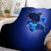 Dark Blue Dual Turtle Blue Hibiscus Fleece Blanket For Elegant Bedroom Decor Lightweight Plush Throw Blanket Cover