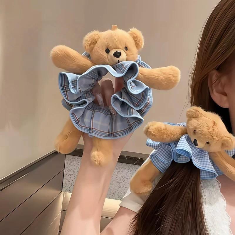 Women Plush Bear Plaid Large Intestine Headband Sweet Cute Funny Fashionable Headband Versatile Harajuku Hair Accessories