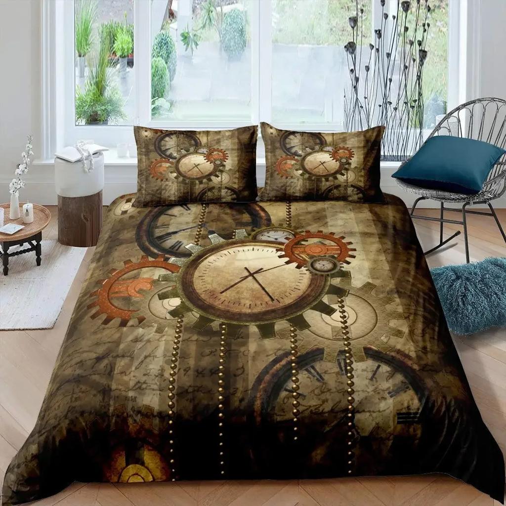 Ndustrial Gear Duvet Cover Set Queen Size Steampunk Style Locks Comforter Cover Boys Men Mechanical Device Polyester Bedding Set