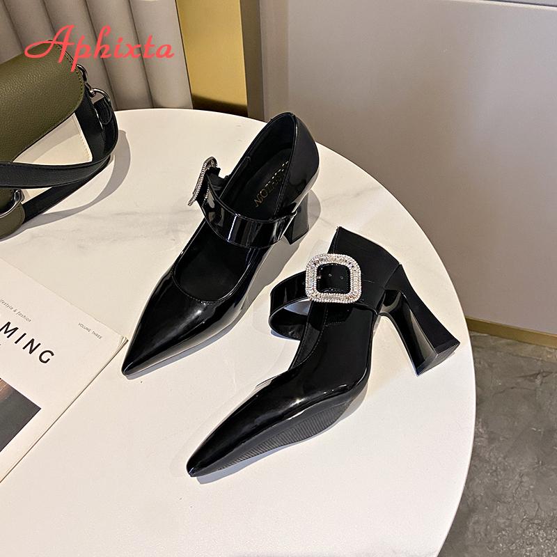Aphixta Elegant Leather Pointed Toe Pumps Rhinestone Women Shoes Crystal Buckle High Heels Pumps Plus Big Size 35-45