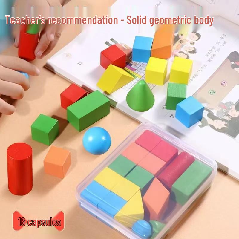 Colored Wooden 3D Geometric Shapes for Primary School Math: Cube, Cylinder, Rectangular Prism Building Blocks