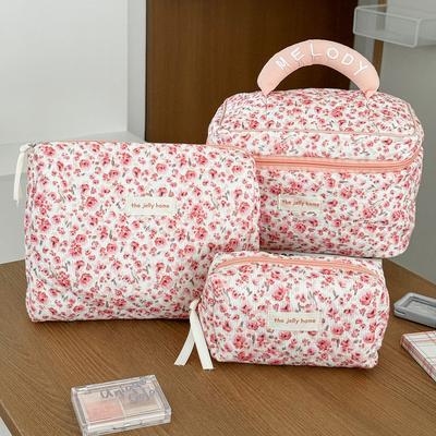 Fashion Pink Flower Women's Clutch Bag Toiletry Makeup Tool Storage Pouch Portable Tote Travel Quilting Cosmetic Bag Handbag