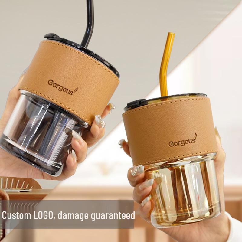 Stylish Summer Fruit Tea Glass Cup with Straw & Double Lid Series Cup Smoky Gray