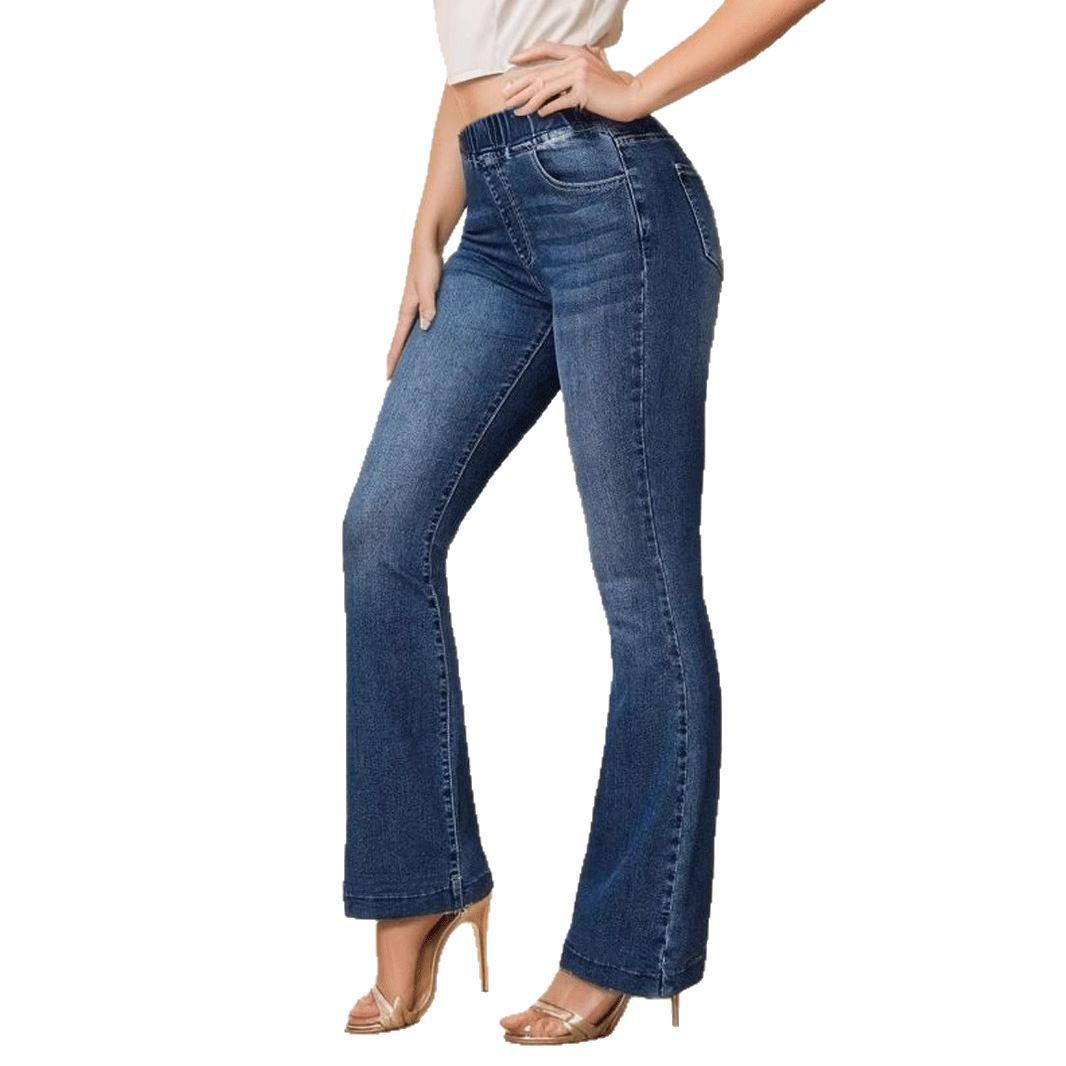 

Женские джинсы микро-клеш с высокой эластичной талией, утягивающие, с эффектом лифтинга бедер L темно-синий