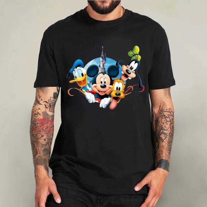 Cotton Black T-shirt for Men Disney Mickey Mouse Pattern Women's T-shirt Anime Tops Summer Fashion Couples Section Short-Sleeved