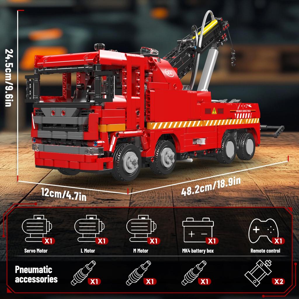 Mould King 19017 Rescue Tow Truck Building Blocks, 1653 Pieces, with Pneumatic Crane, App & Remote Control, Construction Vehicle Model, Ages 8+,