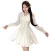 French Sweet Gentle Wind Bow Lace-Up Lapel Long Sleeve Waist Dress Women's Spring Temperament White Skirt